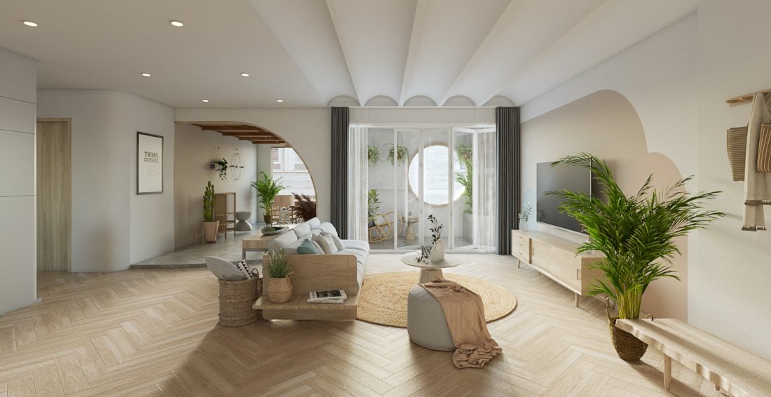 Interior Tropical Home Scene Sketchup  by Quoc Anh 1 scaled, Apartment, sofa, trang trí phòng khách, ghế đơn, ghế quỳ, ghế thư giãn, bàn trà, nội thất phòng khách, phòng khách, trang trí, sketchup, 3d, sofa, living room decoration, single chair, kneeling 